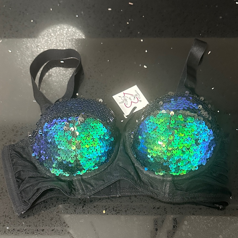 NWT Peek & Beau Sequin Black and Green & Blue Bra 32B